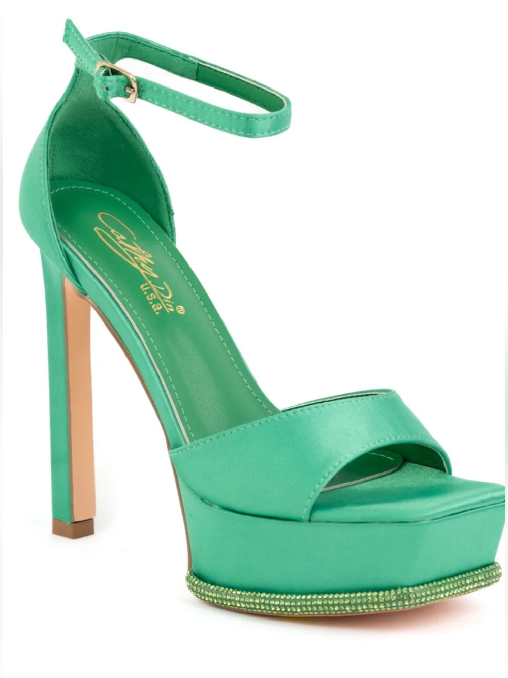 Cathy Din 6” Gunnel Emerald Green Satin Platform Heels w/Ankle Strap Size 8 NWB